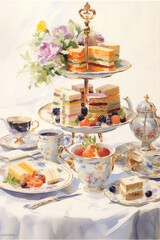 Five o'clock tea watercolor interior with cakes and flowers. Generative Ai