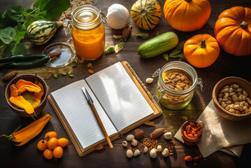 Set of vegetables and pumpkin ingredients with empty cookbook. Generative AI