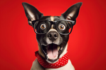 Surprised dog in glasses over red background, studio portrait. AI generative