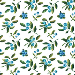 Seamless watercolor pattern with blueberry and leaves on white background