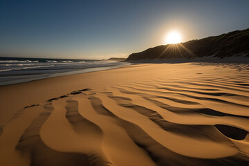 Fototapeta na wymiar Sun warming up the sand at a deserted beach, Generative AI