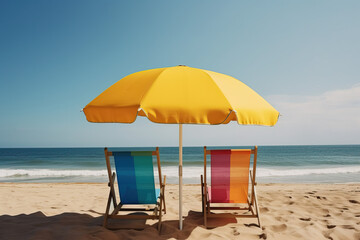 Two colorful beach chairs surrounded by an umbrella on the beach. Sunny summer day. Generative AI