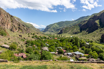 Fototapeta na wymiar Khertvisi village in Mtkvari and Paravani river valley in Lesser Caucasus Mountains, Samtskhe - Javakheti region, Georgia, seen from Khertvisi fortress.