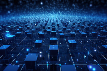 Obraz premium Cube technology on Converging point of circuit with Abstract blue background. Blockchain Network System, Cloud data, Internet Security, and Digital Technology. Generative AI.