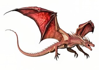 A red dragon in a flying pose on a white isolated background