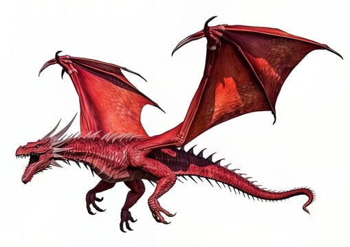 A red dragon in a flying pose on a white isolated background
