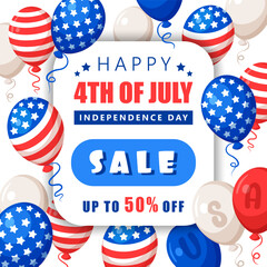 Independence Day of the United States of America sale banner with striped and starry USA balloons, in colors of american national flag. Vector illustration. Design template for the 4th of July