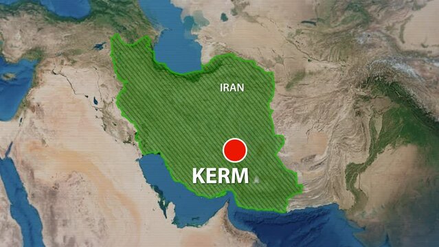 Designation of the borders of Iran on the map and the mark of the location of the city of Kerman