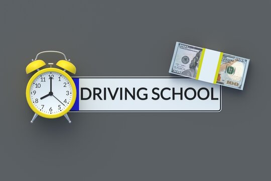 Driving school inscription on car license plate near alarm clock and stack of money. Studying time. Driving course cost. 3d render