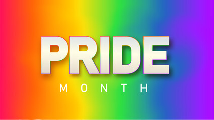 LGBTQ pride month. Pride text label on blurred rainbow background. Human rights or diversity concept. LGBT event banner design template.