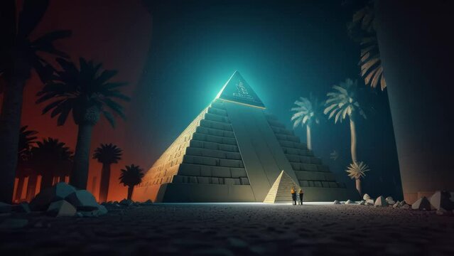 A digitally painted pyramid in a tropical setting with palm trees. Generative ai