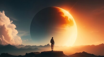 Person on the top of a mountain observing an astonishing eclipse - obrazy, fototapety, plakaty