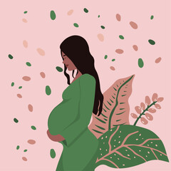 beautiful pregnant dark skinned woman with a flowers and leafs on background