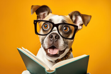 Surprised dog in glasses holding opened book, over orange background, studio portrait. AI generative