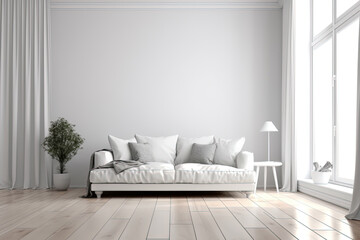Minimalist living room interior with sofa on a wooden floor,. Generative AI.