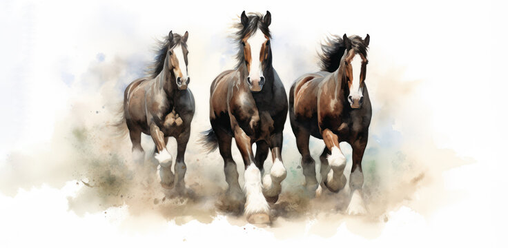 Watercolor Clydesdale Horses in Full Gallop.  Capture the Beauty with Stunning Print and Artful Poster.  Generative AI.
