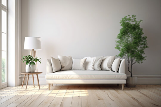 Minimalist living room interior with sofa on a wooden floor,. Generative AI.