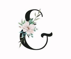 Capital letter & decorated with green leaves and pansies. Letter of the English alphabet with floral decoration. Floral letter.