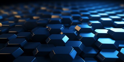 Blue gold geometry hexagonal wallpaper, illustration for product presentation template, copy space dark background. Ai generative