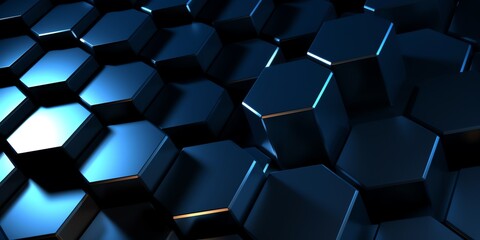 Blue gold geometry hexagonal wallpaper, illustration for product presentation template, copy space dark background. Ai generative