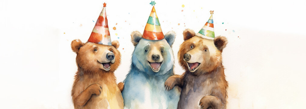 Bears Celebrating a Birthday in Watercolor.  Generative AI. 