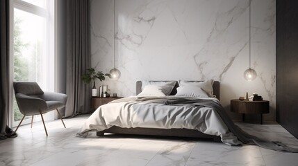 Luxury, modern bedroom interior design with white marble carrara walls and floor. Comfortable king size bed with white linens. Created with generative AI