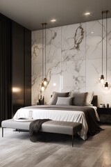 Luxury, modern bedroom interior with black and white carrara marble tiles and king size bed. Created with generative AI