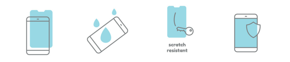 Smartphone screen protector modern line icon set, mobile case concept, device touchscreen protection icons, anti scratch emblems, cellphone glass symbols isolated on white background