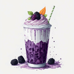 Fototapeta na wymiar watercolor blackberry milkshake on halloween on white background