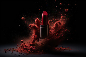 Creative commercial photo of lipstick red in a scattering of pigment in motion, isolated on a black background with copy space. Generative AI professional photo imitation. - obrazy, fototapety, plakaty