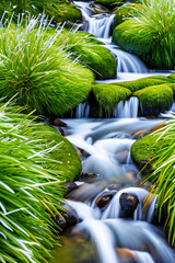 Obraz premium Melting ice and lush green grass, gentle spring rivers, and warm dazzling sunlight - Nature's renewal, rebirth, and beauty concept created with generative AI.