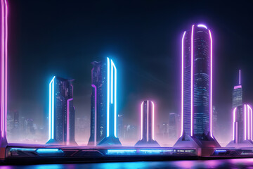 Urban cityscape at night with futuristic neon lights. Dark, modern, glow concept created with generative AI.