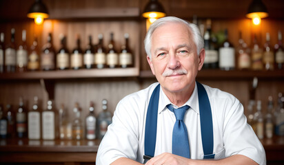 Smiling elderly white male bartender pouring a drinks at the bar. Age, bartender, hospitality concept created with generative AI.