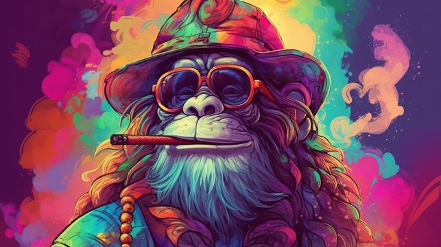 a monkey with a hat and sunglasses smoking a cigar. Generative AI Art.