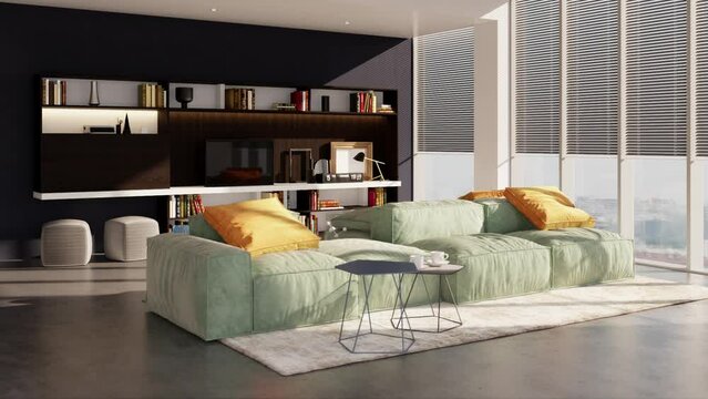 3d video rendering footage contemporary interior design of the living room. Stylish interior of the living room and bathroom