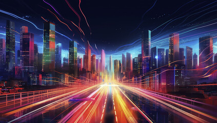 Fototapeta na wymiar Smart digital city with high speed light lines. Generative AI.