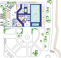 Vector sketch illustration of landscape floor plan of recreation building with park and large field