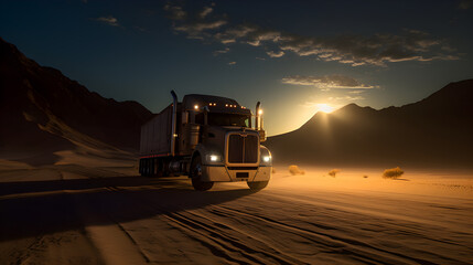Truck on the highway at dawn. Generative AI.