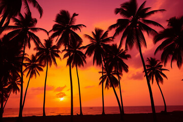 Naklejka na ściany i meble Palm trees silhouettes on tropical beach at vivid sunset time summer beach background 
