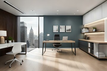 Obraz na płótnie Canvas sleek and minimalist home office setup with a sleek desk, ergonomic chair, minimalist decor, and ample natural light, offering a functional and aesthetic workspace ,AI Generative