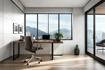 Fototapeta na wymiar sleek and minimalist home office setup with a sleek desk, ergonomic chair, minimalist decor, and ample natural light, offering a functional and aesthetic workspace ,AI Generative