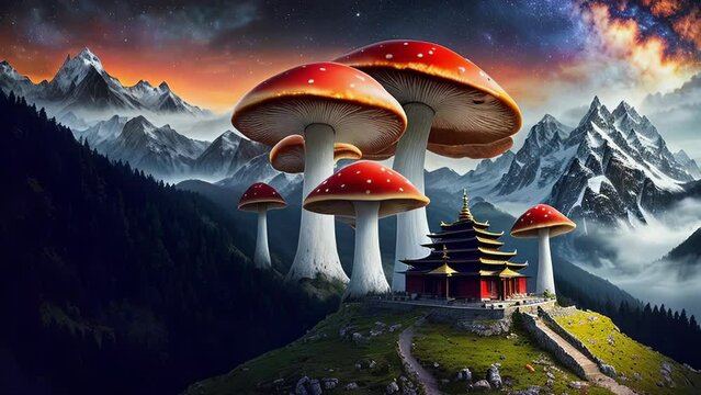 Giant Amanita muscaria mushrooms grow over Tibetian monastery, a.i. generated