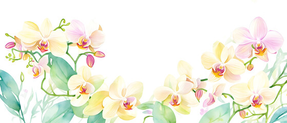 Greeting card frame border with watercolor flowers orchids and leaves. Tropical design for wedding stationary, background, postcard etc. Hand painting. Generative AI.