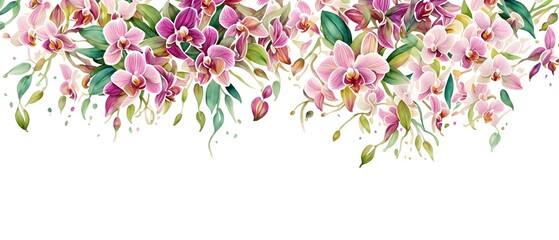 Obraz na płótnie Canvas Greeting card frame border with watercolor flowers orchids and leaves. Tropical design for wedding stationary, background, postcard etc. Hand painting. Generative AI.