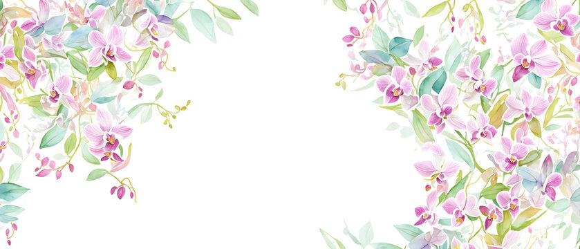 Greeting card frame border with watercolor flowers orchids and leaves. Tropical design for wedding stationary, background, postcard etc. Hand painting. Generative AI. © 360VP