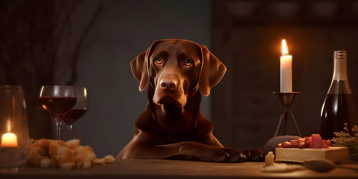 cute and adorable brown labradore dog, hungry at the dinner table, anthropomorphic, model pose, dramatic lighting, cinematic, photography 