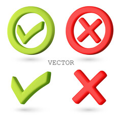 Vector 3D icons of green checkmark and red cross. Confirming and rejecting buttons. Vector Illustration of 3D Realistic Right And Wrong icons. Isolated on white background.