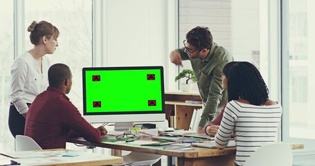 Green screen computer, talking and business people in a meeting for planning and creativity. Discussion, office teamwork and employees speaking about a project with mockup and tracking markers on pc - Powered by Adobe