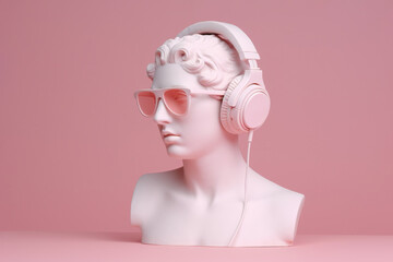 Antique bust of woman with sunglasses and headphones.