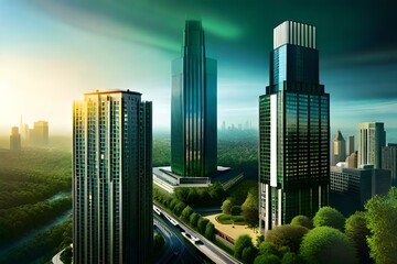 Double exposure of lush green forest and modern skyscrapers windows of building. Green city concept, Generative AI
